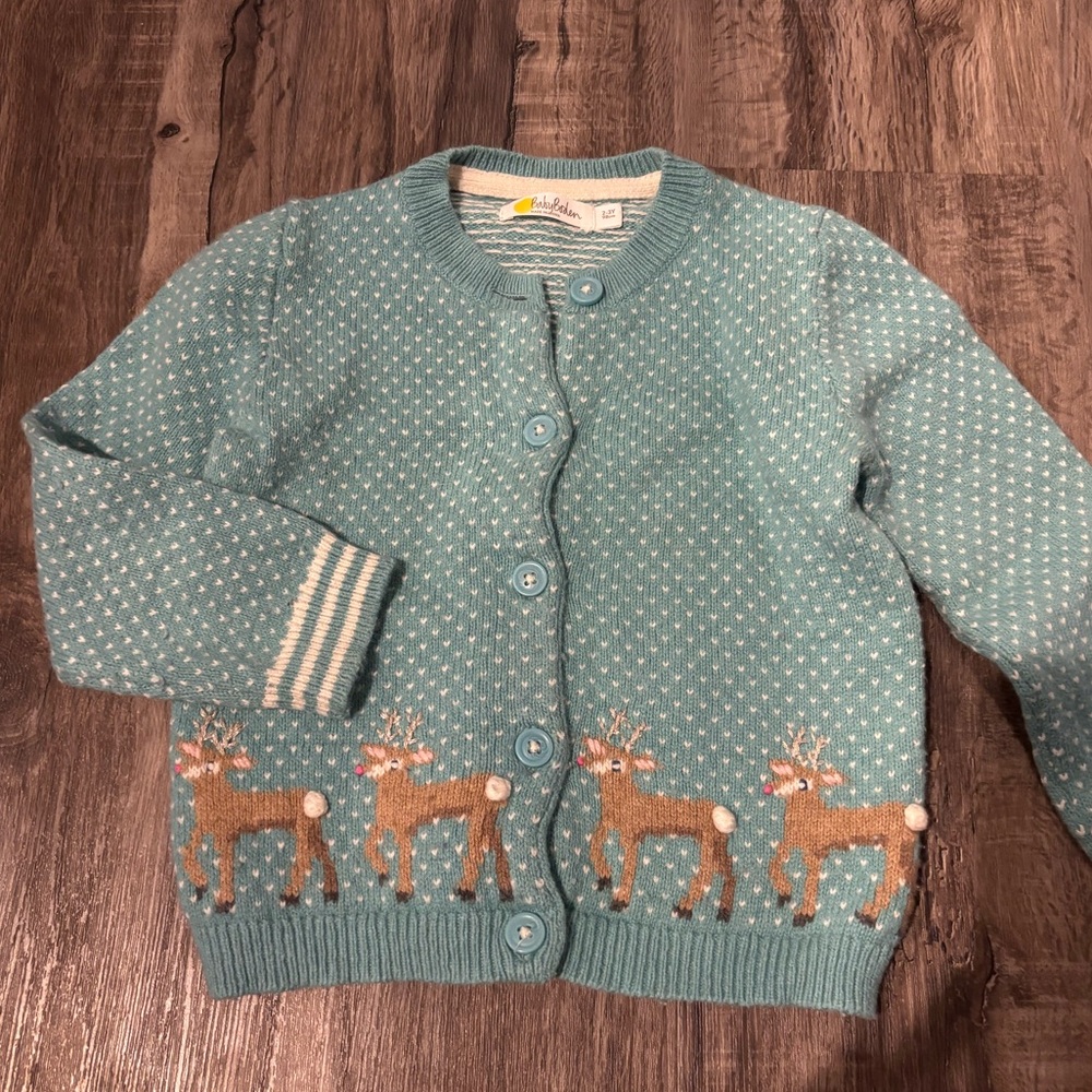 Boden Teal Reindeer Cardigan 2-3 year